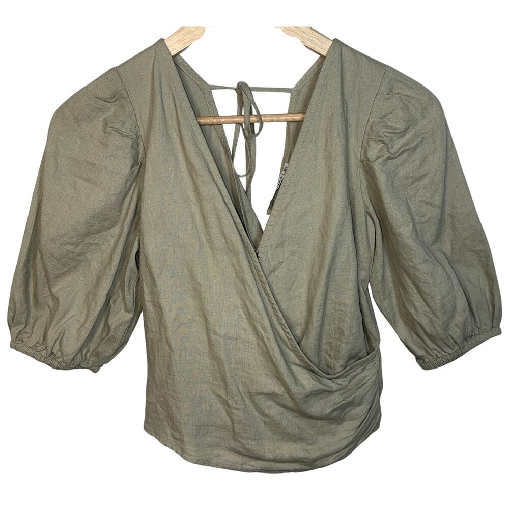Abercrombie & Fitch Tan Beige Linen Wrap Puff Sleeve Smocked Blouse Womens Sz XS
